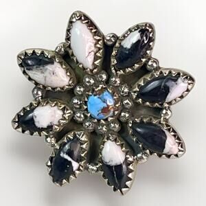 White Buffalo Kingman Turquoise Full Cluster Statement Ring Sterling Silver Adj